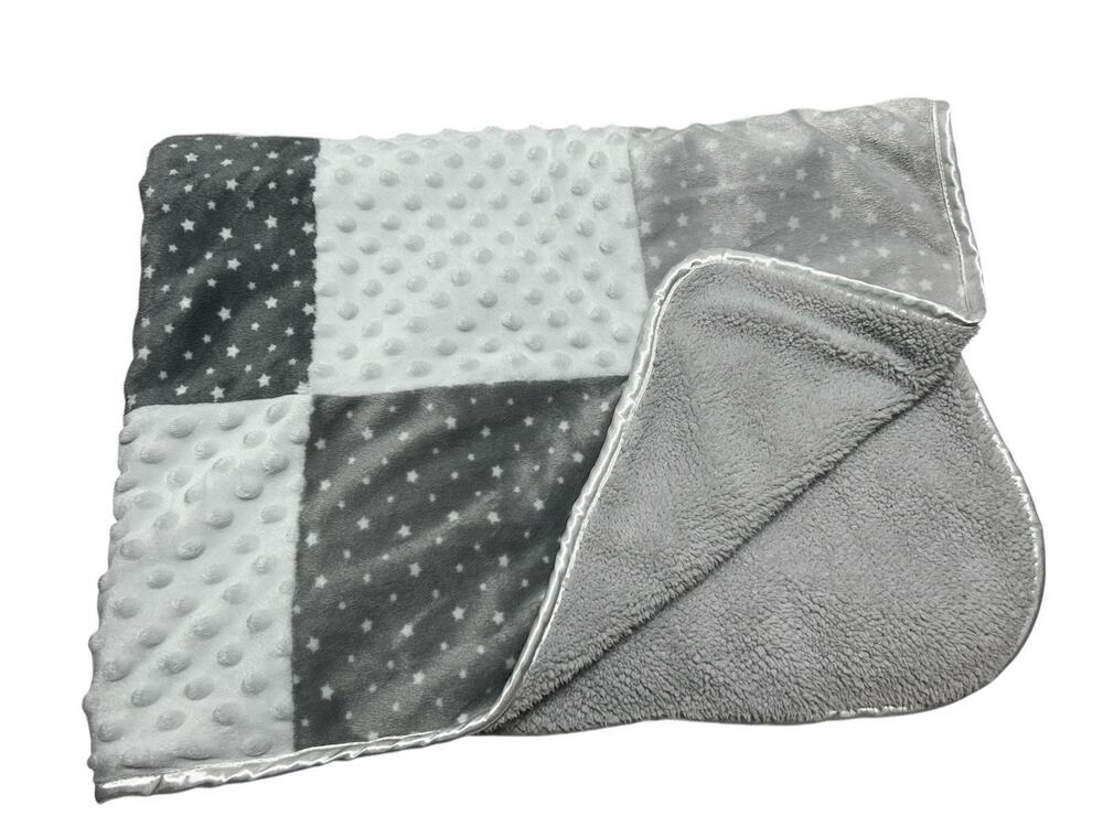 JUST BORN Gray White Stars Patchwork Minky Dot Sherpa Baby Blanket